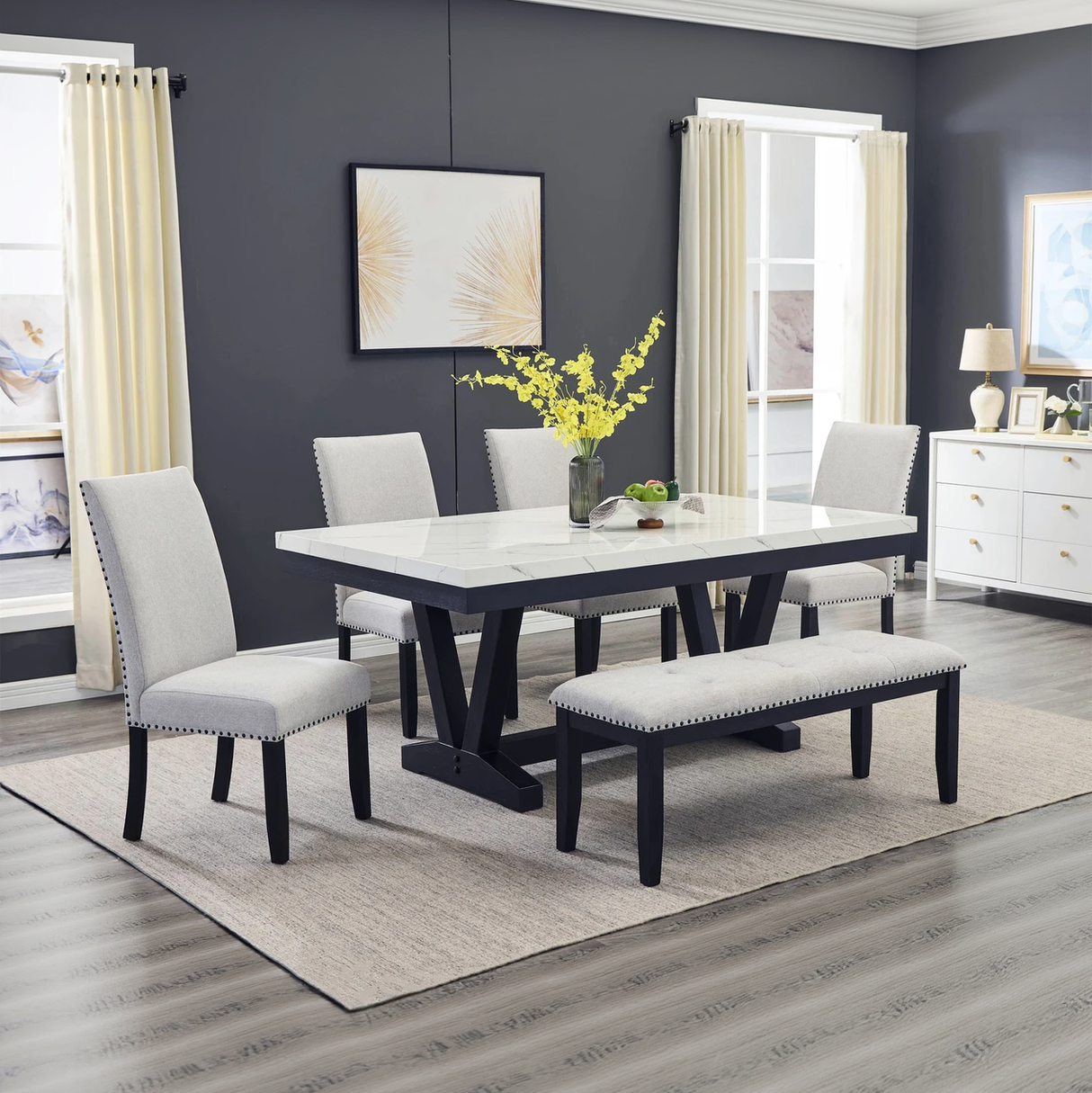 Vance Faux Marble Dining Set with Bench - Ocean Furniture Tampa