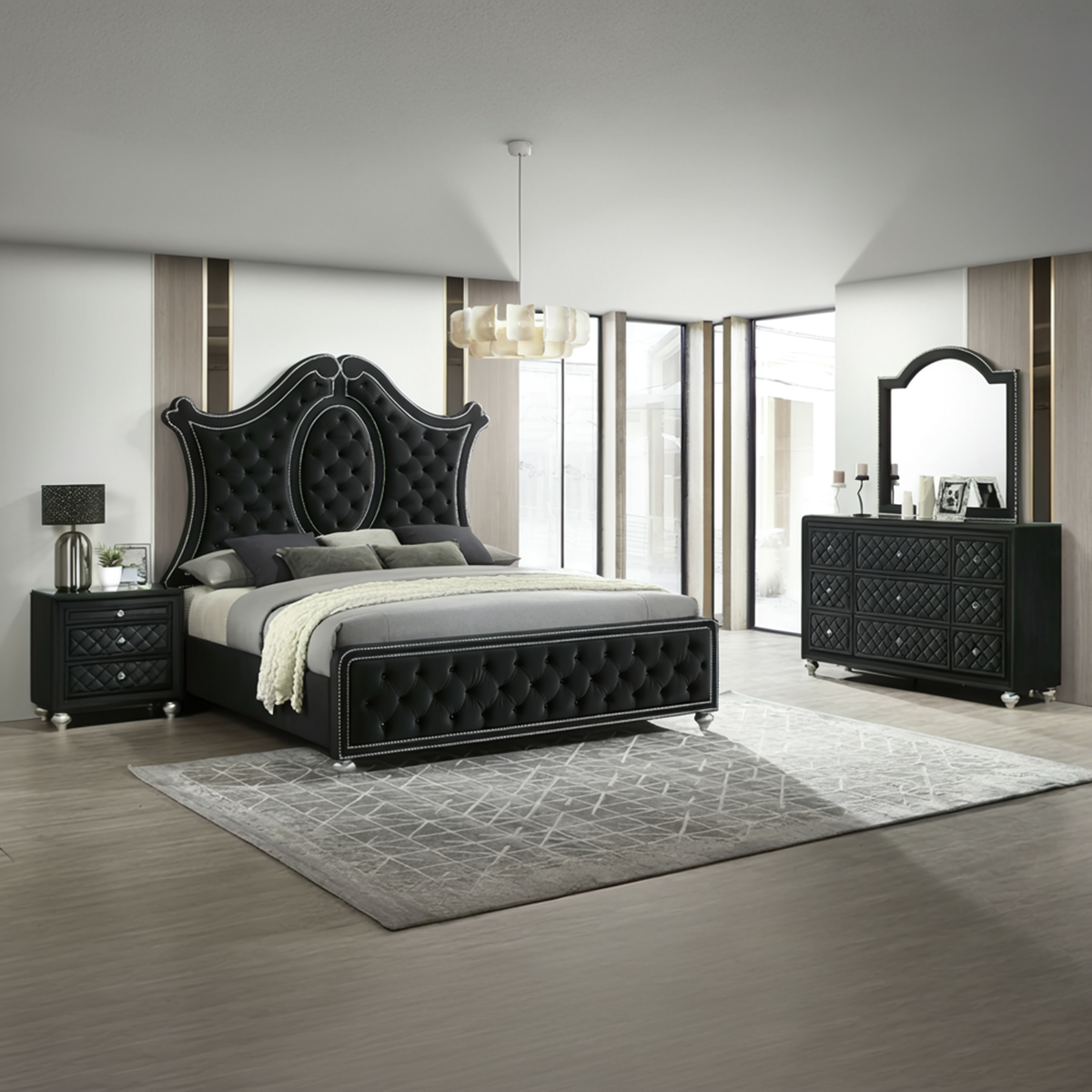 white bed black dresser Nexera Orca 4 Piece Bedroom Set with 5-Drawer Dresser, Black & White