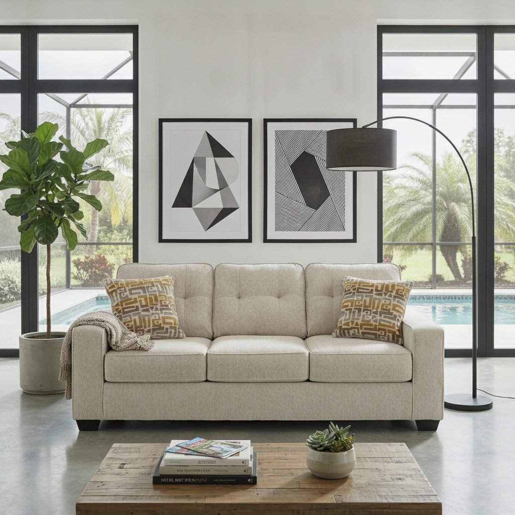 Larimer Queen Sofa Sleeper en Stone: Estilo Costero Moderno para su Hogar en Orlando