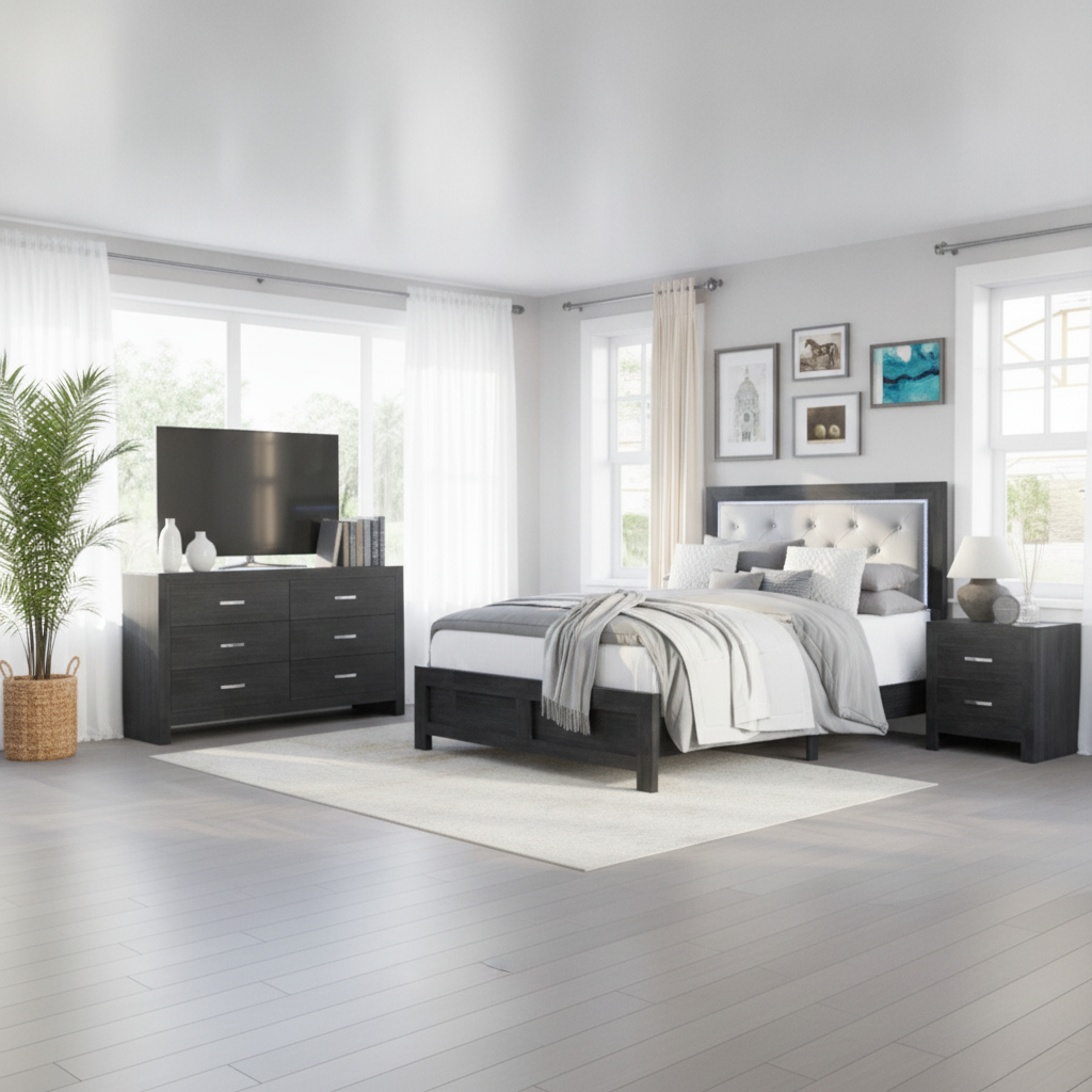 Transform Your Tampa Bedroom: Jaylen Modern Black & Beige LED Bedroom Set at Ocean Furniture
