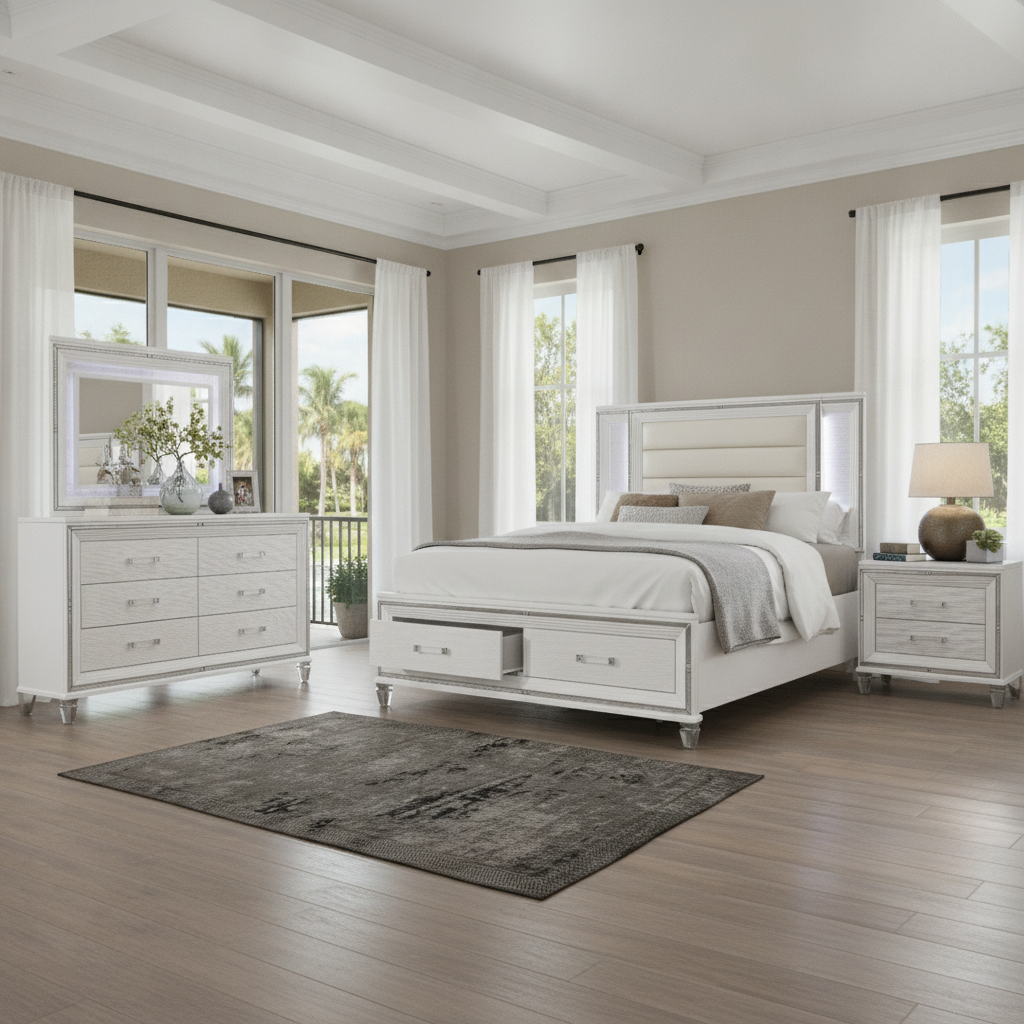 Juego de Dormitorio Jhestorm Tamsin LED Blanco: Lujo Moderno en Orlando y Kissimmee | Ocean Furniture