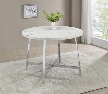 Alcott - Round Faux Carrara Marble Top Dining Table - Chrome