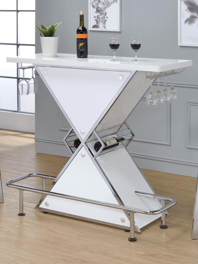 Atoka - X-Shaped Bar Unit With Wine Bottle Storage - Glossy White