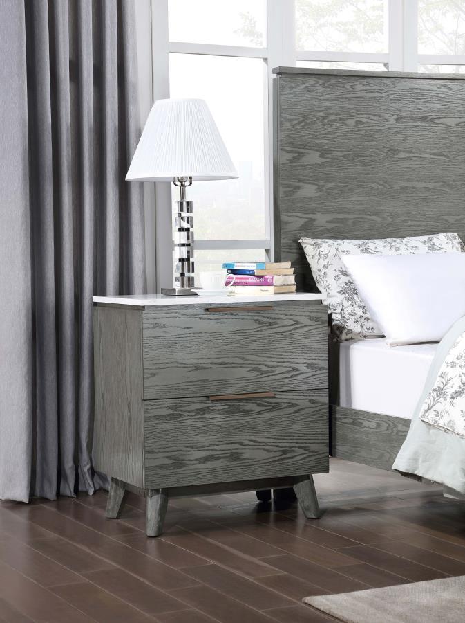 Nathan - 2-Drawer Nightstand With USB Port - White Marble And Gray