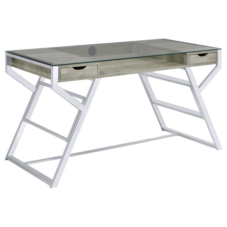 Emelle - 2-Drawer Glass Top Writing Desk - Gray Driftwood And Chrome