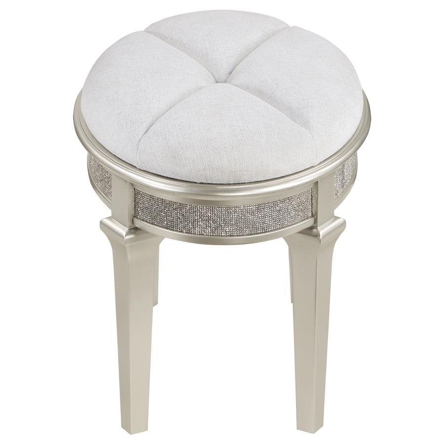 Evangeline - Oval Vanity Stool With Faux Diamond Trim - Silver And Ivory