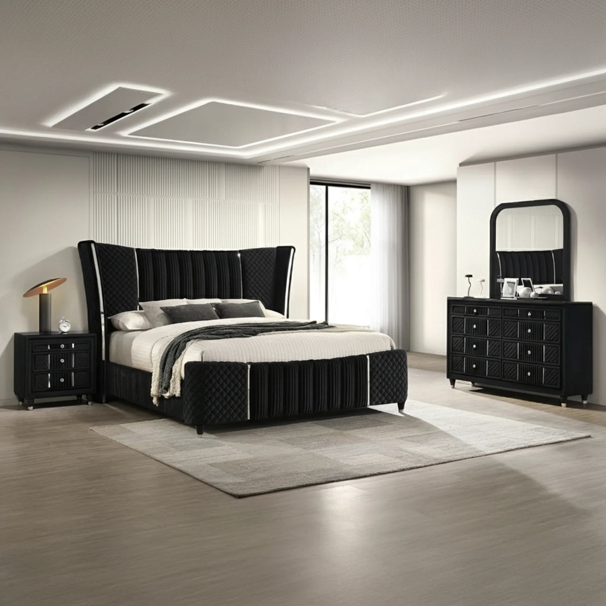 Armany Black Velvet Bedroom Set | Tampa, Orlando & Fort Myers | Modern 4-Piece Set